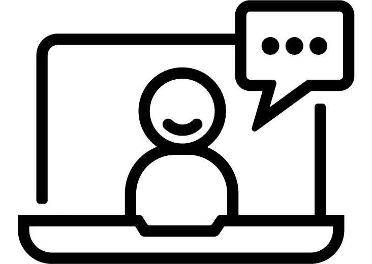 Icon of a person with a speech bubble over a laptop.