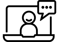 Icon of a person with a speech bubble over a laptop.