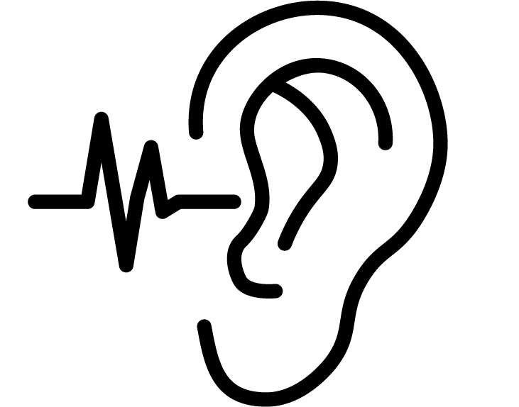 Black outline of an ear with a heartbeat line on a white background